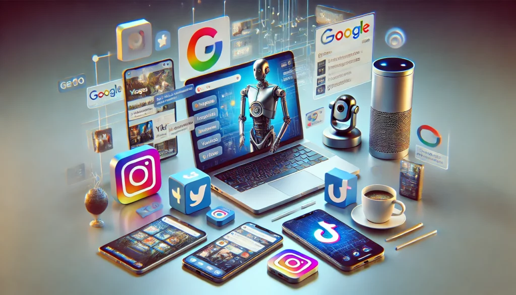 DALL·E 2025 01 31 10.32.41 Una imagen realista que represente la evolucion del ecosistema de busquedas en internet. Se muestra una laptop con la pagina de Google abierta junto Resumen Tendencias Digitales 2025: Insights clave