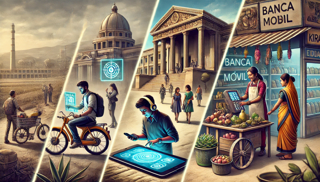 DALL·E 2025 01 31 12.13.29 Una imagen realista que represente la evolucion tecnologica en mercados emergentes. Se muestran tres escenas en un solo diseno 1. Un estudiante util El Ciclo de los Mercados Emergentes - Macrotendencia