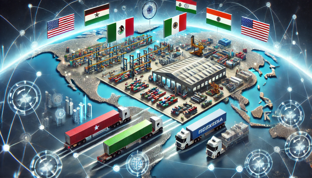 DALL·E 2025 01 31 12.22.41 Una imagen realista que represente a Mexico India y Vietnam como hubs estrategicos de manufactura y logistica para inversion extranjera. Se muestra u El Ciclo de los Mercados Emergentes - Macrotendencia