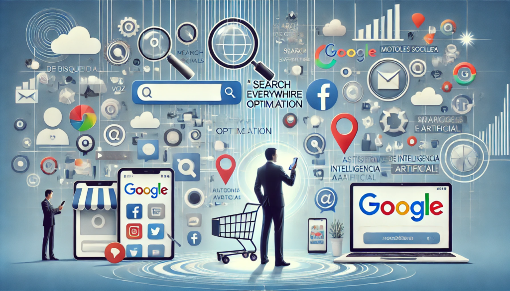DALL·E 2025 02 14 16.29.55 Una representacion moderna y minimalista del concepto de Search Everywhere Optimization. La imagen muestra una persona utilizando multiples disposit Tendencia: La Expansión del SEO - SM Digital