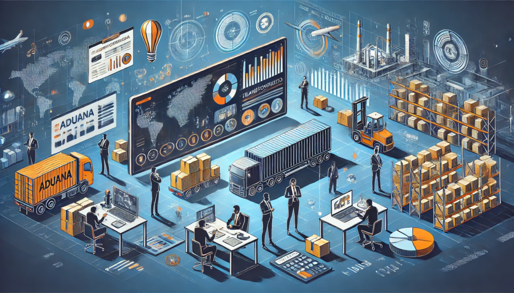 DALL·E 2025 02 17 16.27.17 Una ilustracion moderna y profesional enfocada en una empresa enfrentando los retos del comercio transfronterizo. La imagen muestra una oficina corpor Tendencia: E-commerce Transfronterizo y Marketplaces